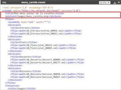 mise en évidence de métadonnées du fichier d'assemblage en mode XML