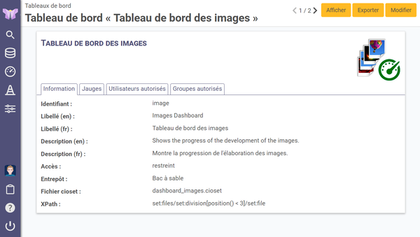 page
de configuration d'un tableau de bord