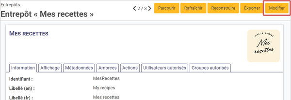 mise en évidence du bouton modifier dans l'entrepôt