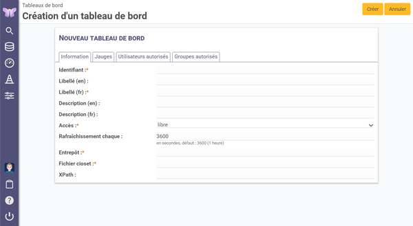 page
de création d'un tableaux de bord