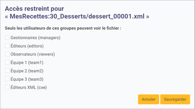 Fenêtre de choix de restriction des accès