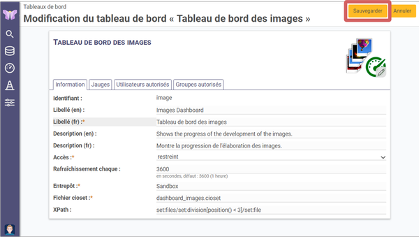 mise en évidence du bouton sauvegarder dans les tableaux de bord