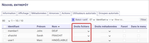 mise en évidence de la liste déroulante du choix des droits sur les
fichiers d'un utilisateur dans la création d'un entrepôt